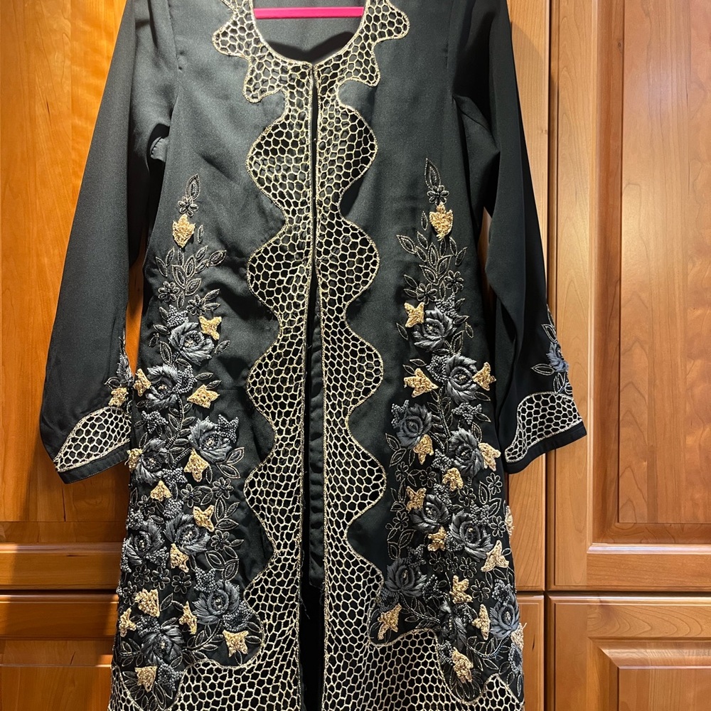 Elegant Black and Gold Embroidered Women's Coat